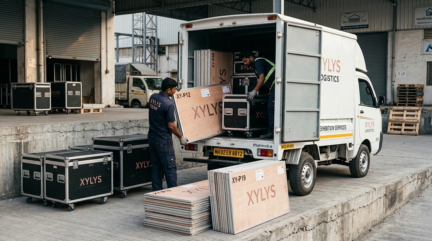 The flat-packed booth loading into a single tempo truck